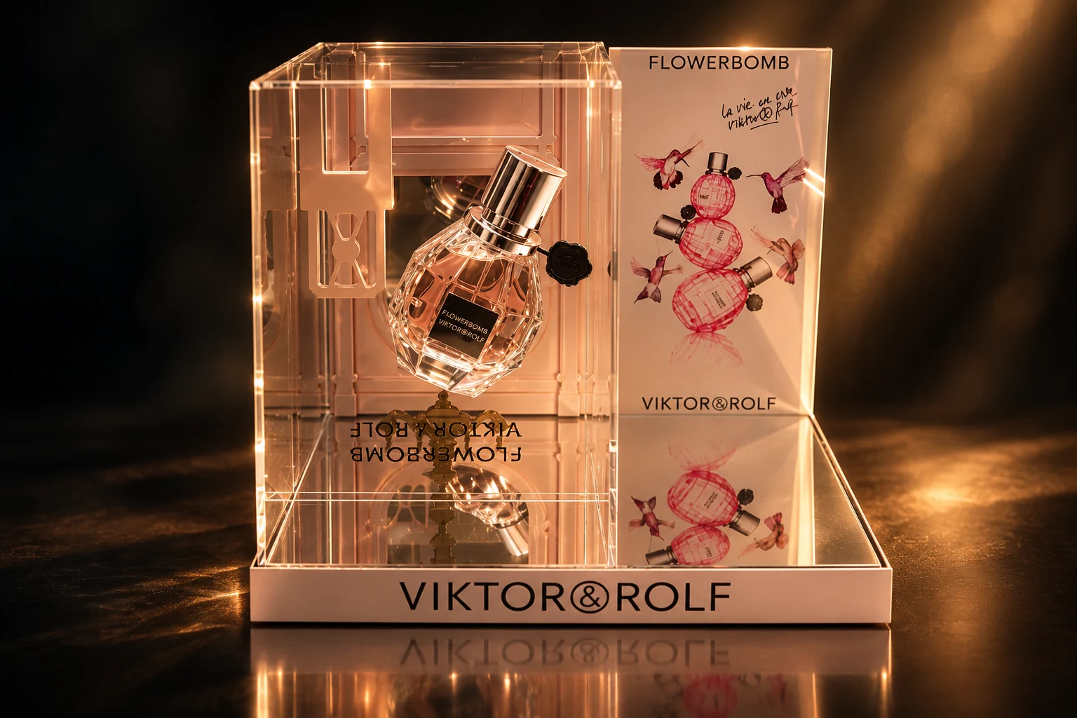 Flowerbomb display staged in pink and golden light