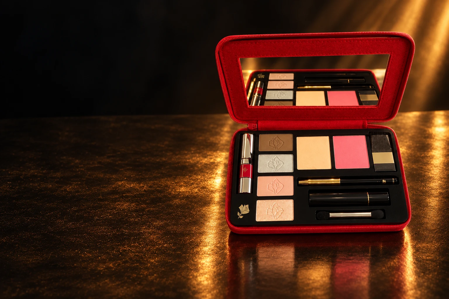 Maquette de palette de maquillage dans son écrin rouge