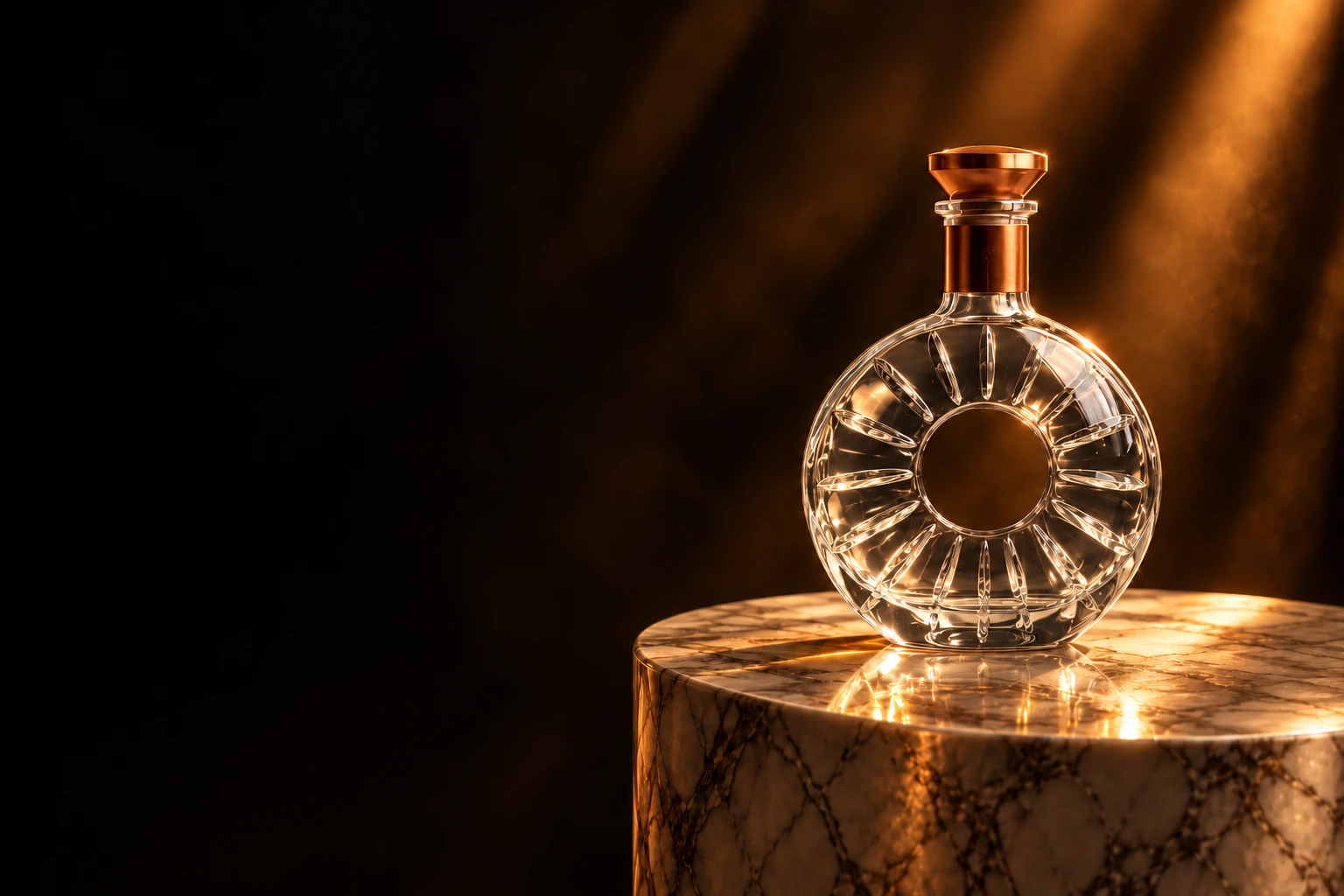 Maquette de carafe de cognac XO sur un socle de marbre