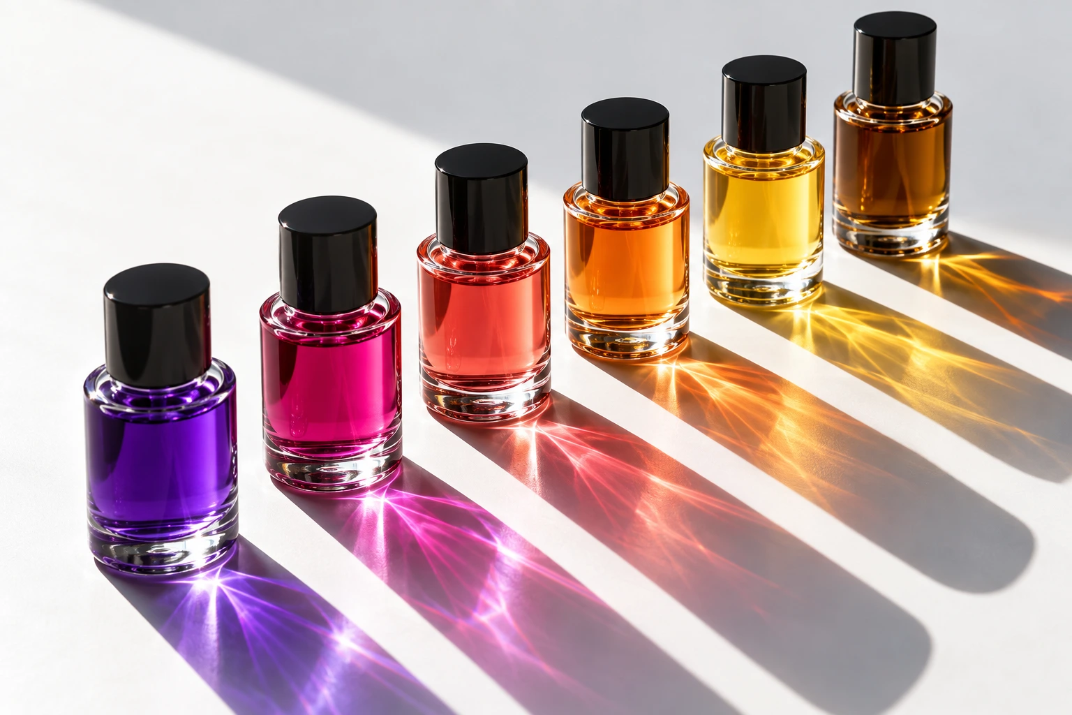 Colour research bottles, shades from violet to amber with light reflections