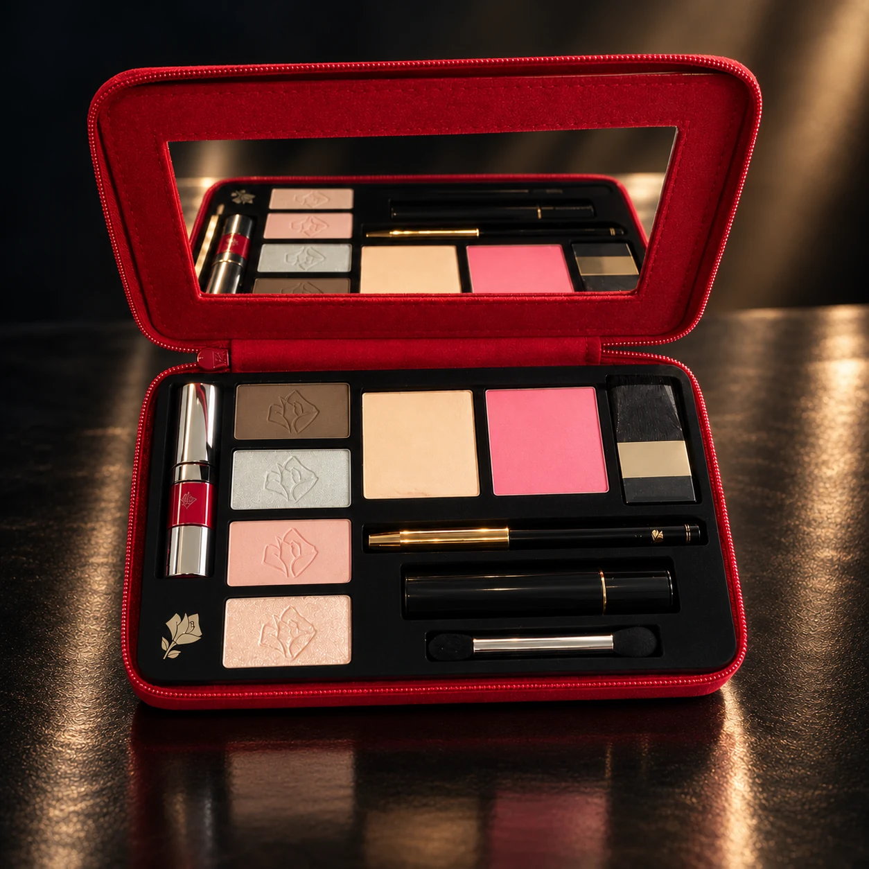 Maquette de palette de maquillage dans son écrin rouge